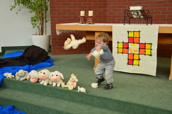 Kind spielt mit Schafen